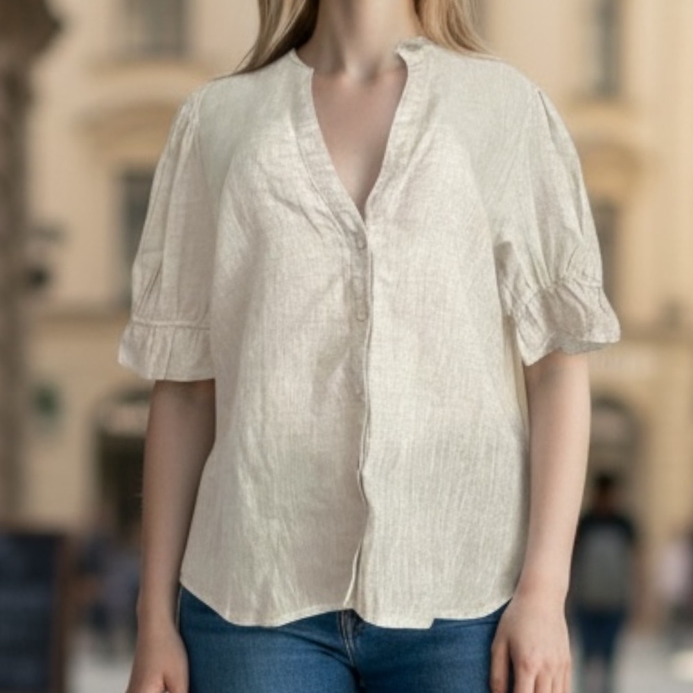 Harshman 100% Linen Cottagecore Classic Ruffle Blouse Khaki SZ M